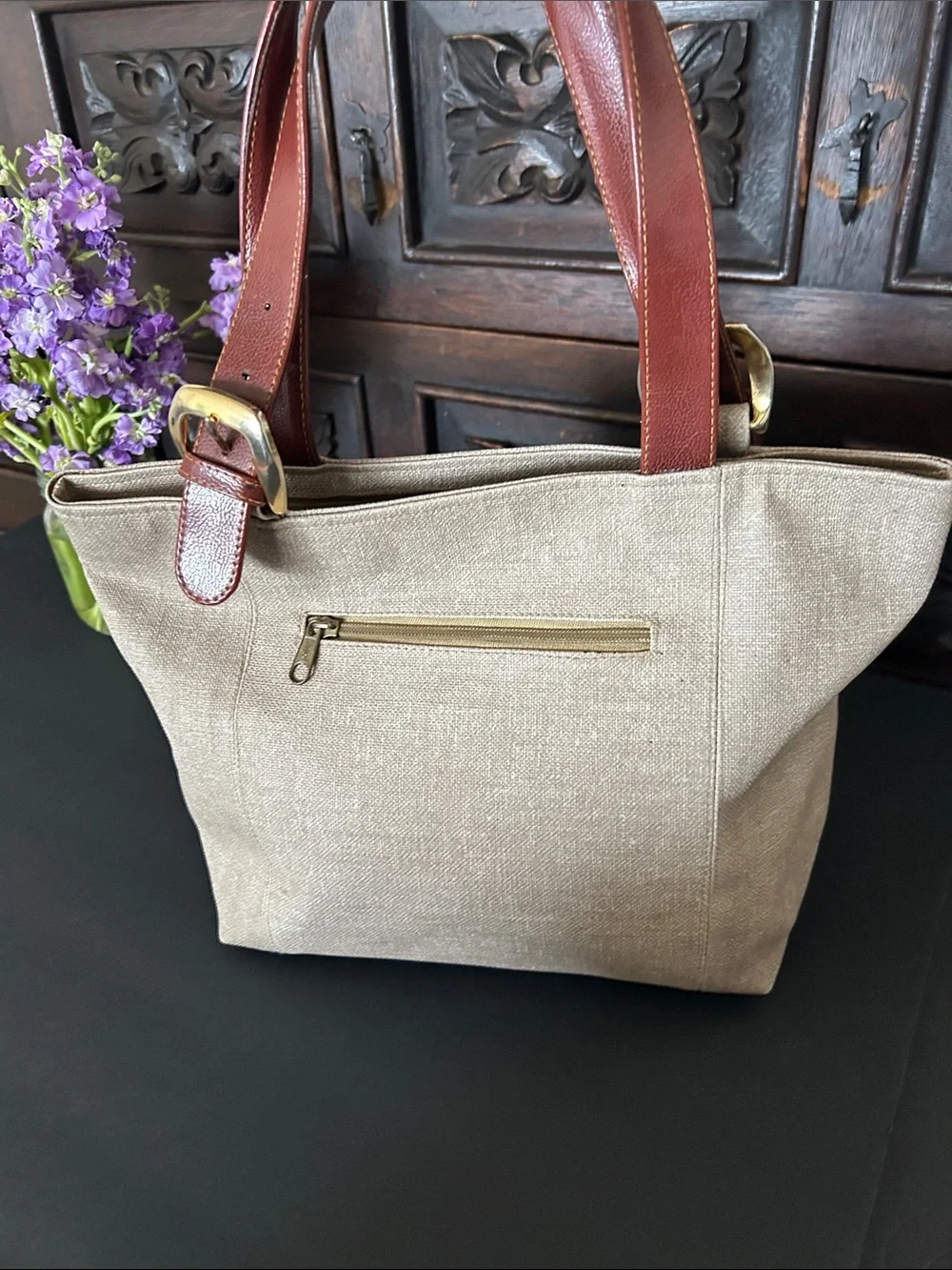 Beautiful Beige Canvas Tote with Brown Leather Straps